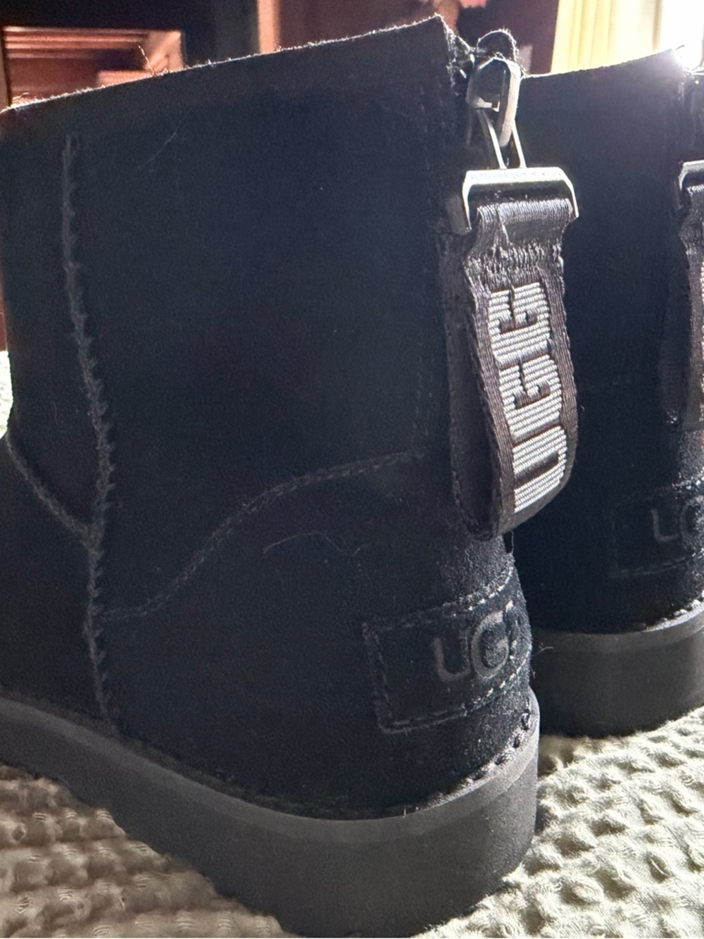 UGG Black Short Suede Boot with Branded Heel Pull